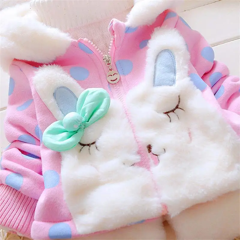 Зимняя Детская куртка с кроликом для девочек, милая куртка с капюшоном для малышей флисовое пальто детские пуховики и парки для детей возрастом от 9 месяцев до 3 лет