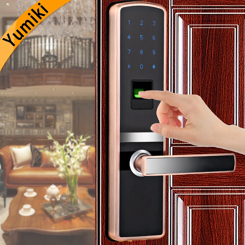 

Intelligent fingerprint door lock biometric with good quality Red Cooper Color for home metal&wooden door lowest temperature-35