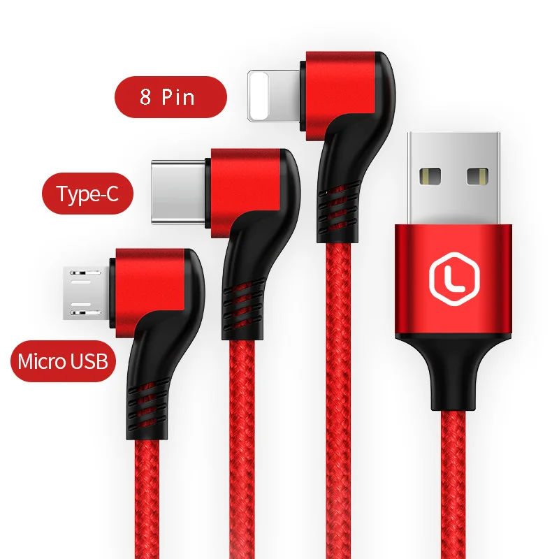3 in 1 USB IOS Type C Micro IOS Cable For iphone XR Xs Max 90 Degree