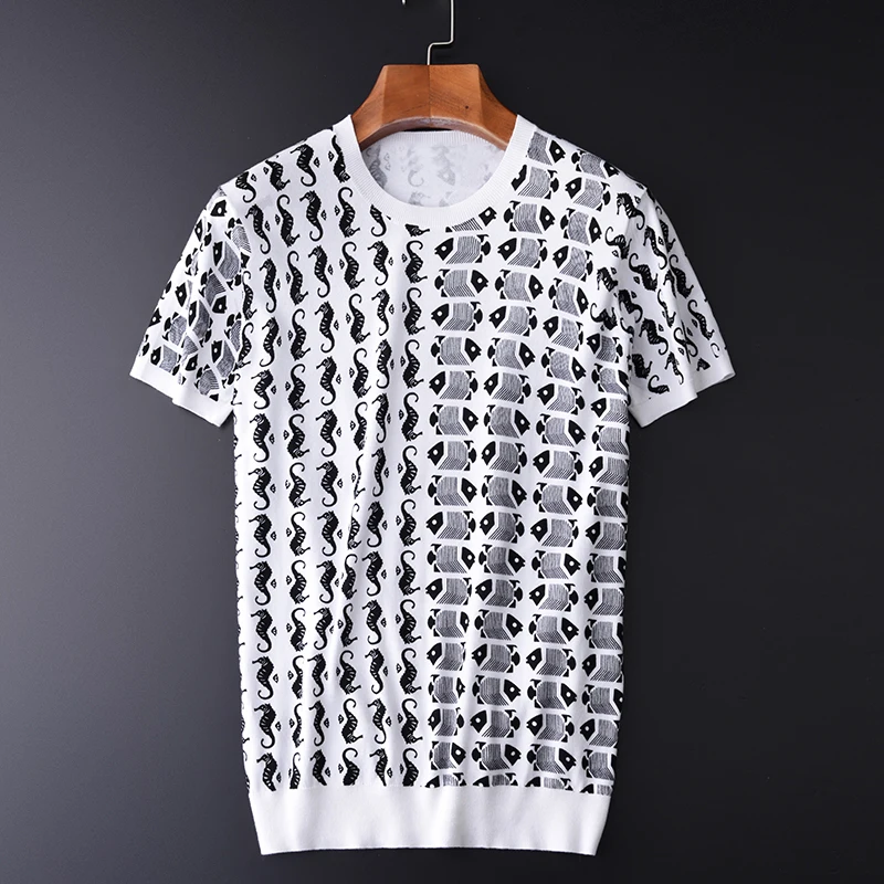 

Minglu 100% Cotton Men T-shirt Luxury Ocean Style Printed Knitted Mens T-shirts Plus Size 3XL 4XL Slim Fit Summer Man Tee