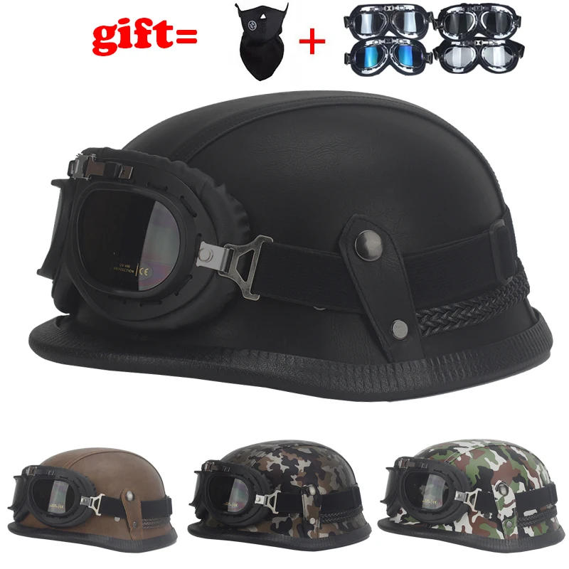 Кожаный винтажный шлем Второй мировой войны, черный, немецкий, мотоциклетный, с открытым лицом, полушлем, чоппер, байкер, пилот, Vespa, камуфляж
