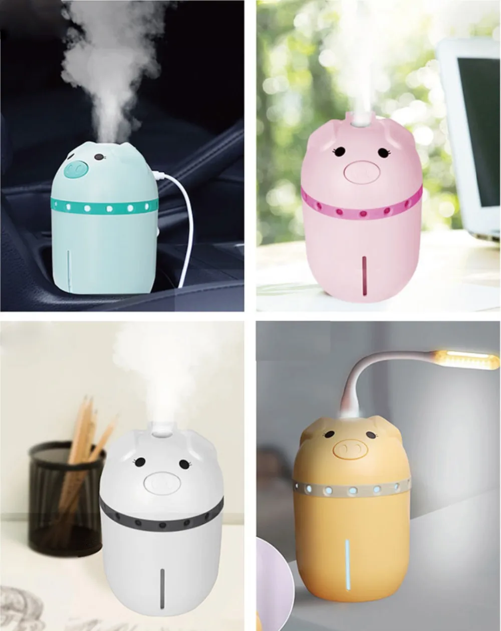 Pig Mini Mist USB Air Humidifier with Colorful Lights 3 in 1 Ultrasonic Diffuser Essential Oil Mist Purifier for Car Home