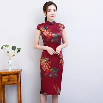 

RED Vintage Print Chinese Traditional Women Satin Cheongsam Mandarin Collar Qipao Slim Elegant Vestidos Evening Party Dress