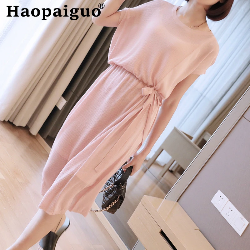 

Europe Brand Loose Modis Knitted Dress Women Short Sleeve Casual Wrap Dress Women Black Red Pink Office Summer Dress 2019 Jurken