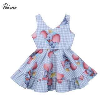 

2018 Cute Summer Girl Dresses Kid Girls Princess Animal Plaid Sleeveless Cartoon Dress Outfits Printed Elephant Girls Mini Dress