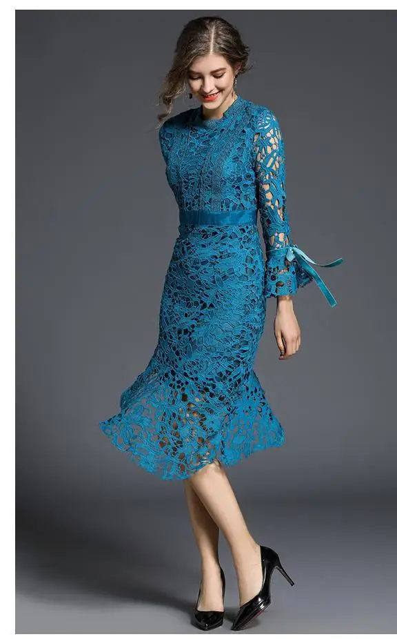 Lace Hollow Out O Neck Long Sleeve Patchwork Velvet Knee-Length Dress in Dresses