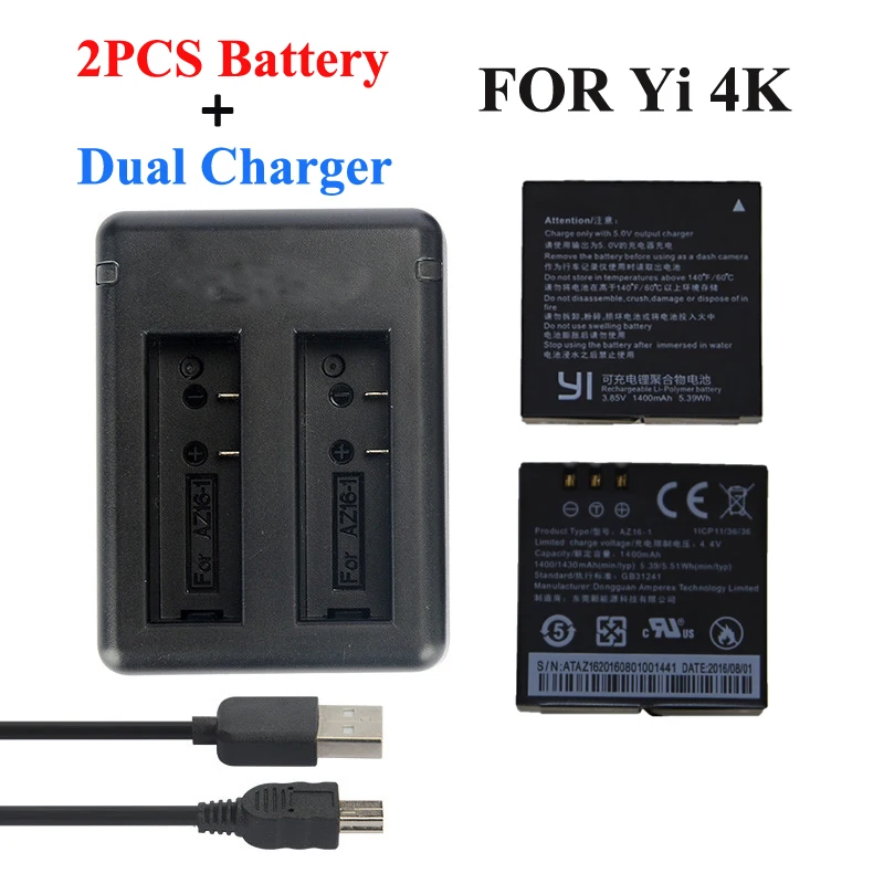 Xiaomi Yi 4K 2 Battery 1400Mah 2 Pcs Battery Xiao Yi 2 USB Dual Battery Charger