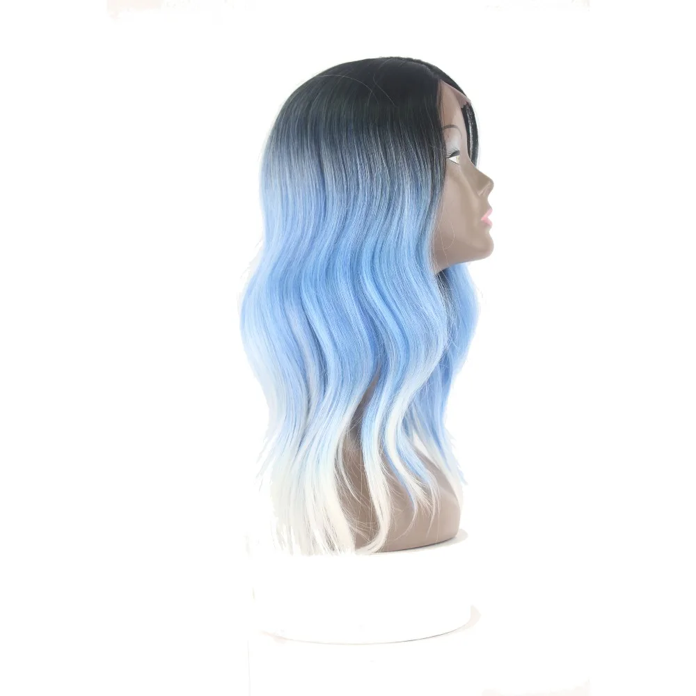 SOKU Synthetic Lace Front Wigs For Black Women Ombre Blue Body Wave Lace Wigs Kanekalon Heat Resistant Side Part Wigs Long Hair