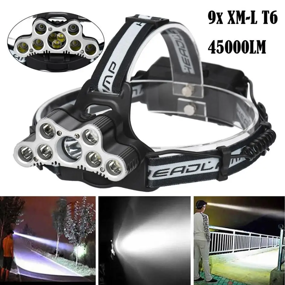 

Hard Light Flashlight 45000 LM 9X XM-L T6 Head Lamp Waterproof LED Rechargeable Headlight Outdoor Travel Head Torch New