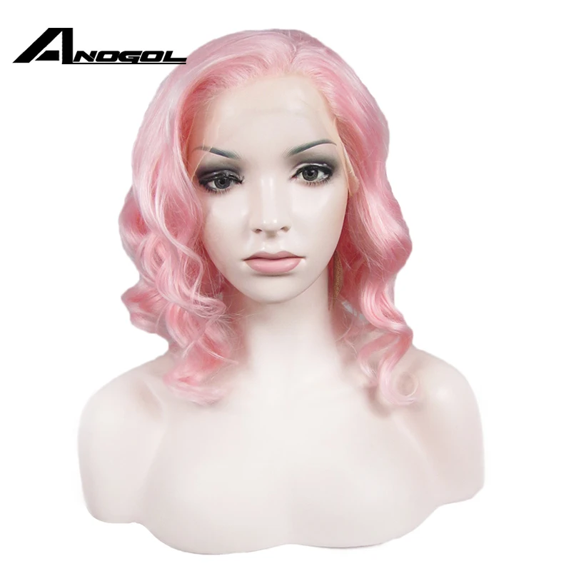 Anogol Purple Short Body Wave Bob Wigs Dark Brown Platinum Blonde White Pink Synthetic Lace Front Wig For Women With Free Part