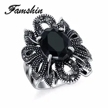 FAMSHIN Punk Rock Ring Jewelry Silver Color Ancient Ways Black Stones Hollow Out Female Personality Hipster Index Finger Rings