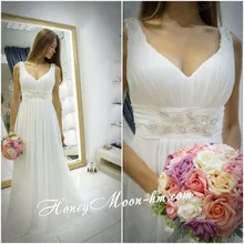 Free Shipping Perfect Sheath V Neck Sleeveless Sweep Train Flowing Chiffon Wedding Dress Bride Gown With Beadings MF394