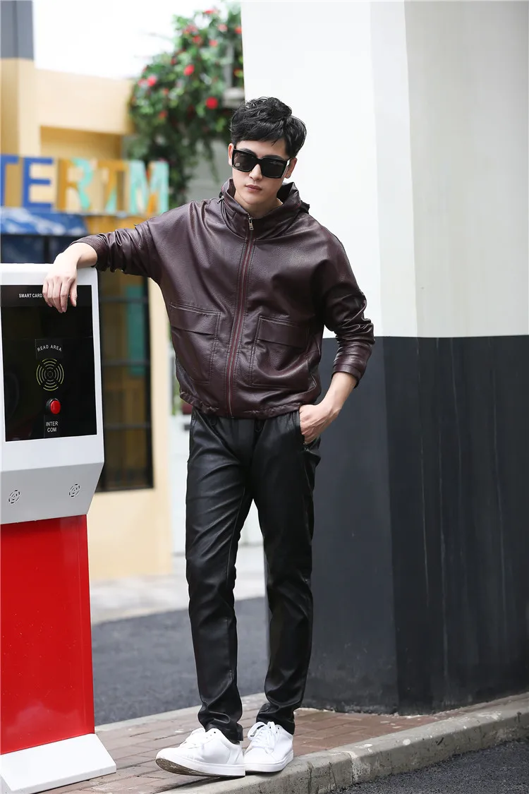 Leather кожаная куртка для мужчин, модная новинка, с капюшоном, с воротником-стойкой, с длинным рукавом, Мужская мотоциклетная кожаная куртка, черный, красный, зеленый