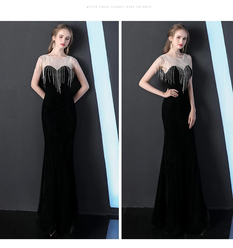 Черный велюр Sheer шеи халат, украшенный бисером De Soiree Sheer шеи Хрустальная Русалочка строгое длинное вечернее платья 2019 выпускного вечера