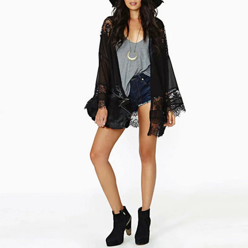 ZANZEA Summer Beach Cover-up 2019 Women Kimono Cardigan Lace Crochet Chiffon Loose Outwear Vintage Blouse Tops Plus Size