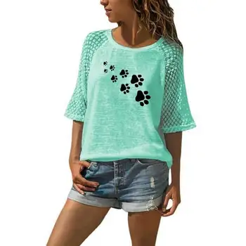 New Fashion T-Shirt For Women Lace Crew Neck T-Shirt DOG PAW Letters Print T-Shirt Women Tops Summer Graphic Tees Streetwear