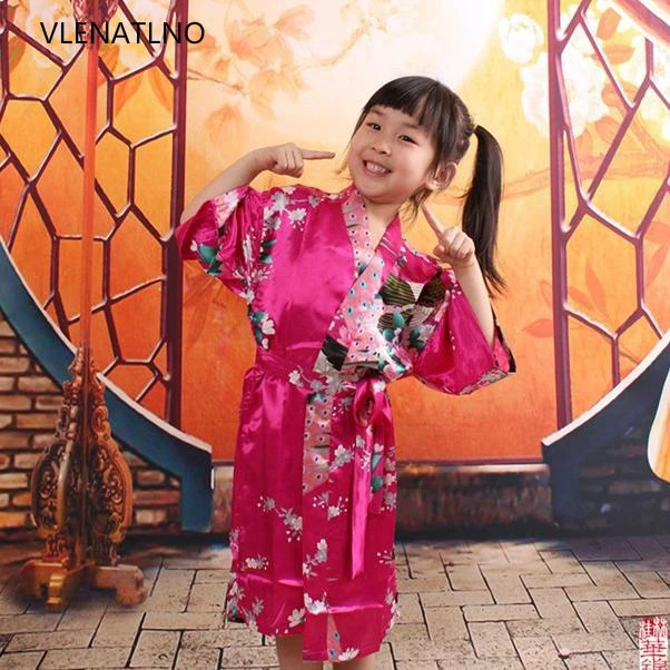 

Kids Robe Satin Children Kimono Robes Bridesmaid Flower Girl Dress Silk children's bathrobe Nightgown Kimono Peacock robe