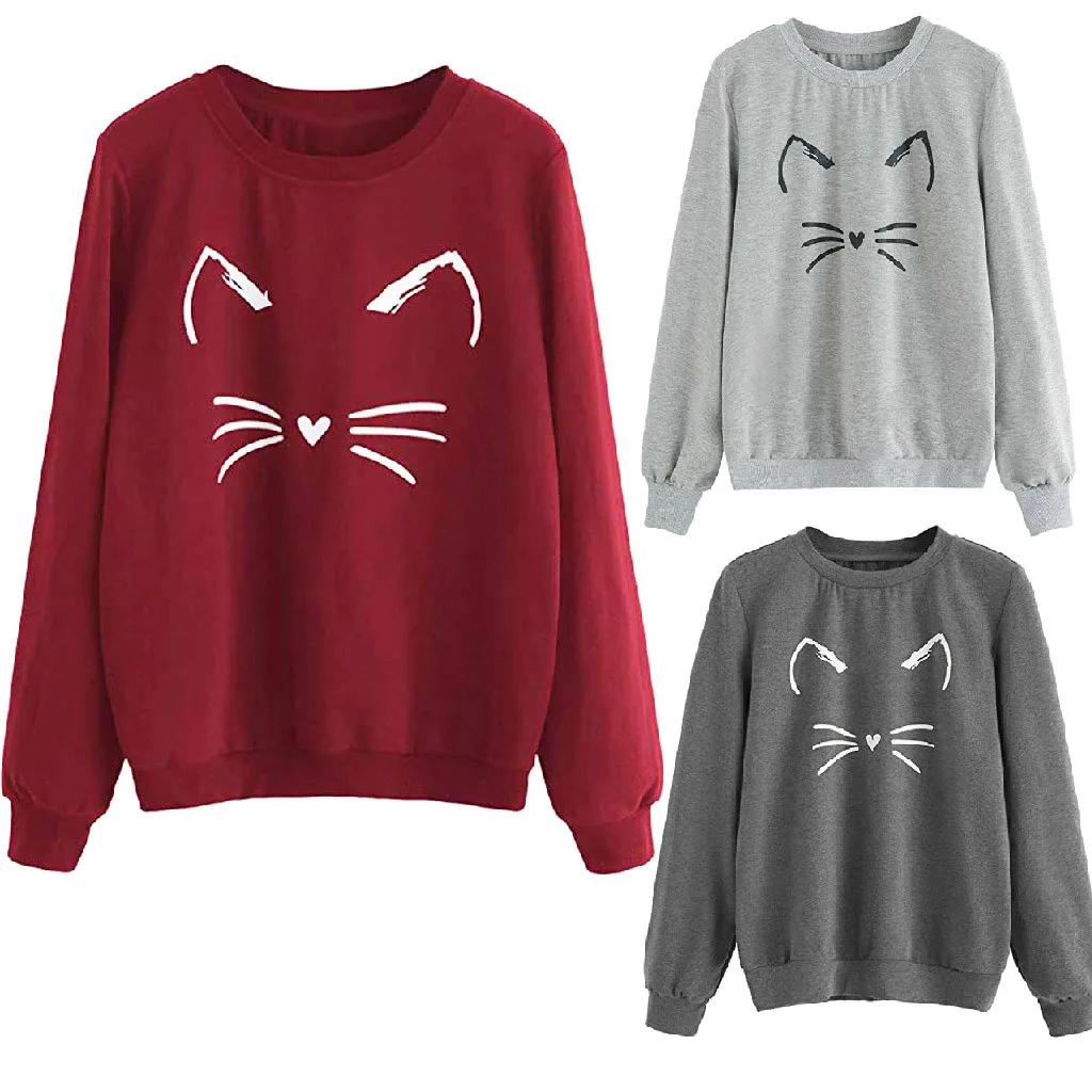 Women Blouse Polyester Cat Printed Weater Round Neck Long Sleeve