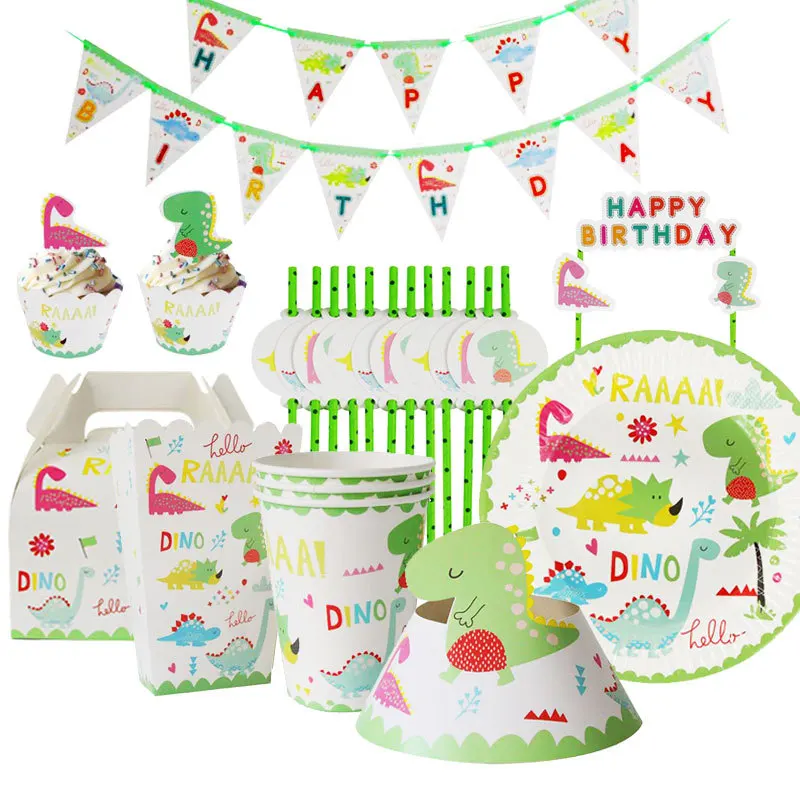 

Dinosaur Theme Disposable Tableware Set Dinosaur Birthday Wedding Party Decoration Plates Cups Hats Flag Party Supplies