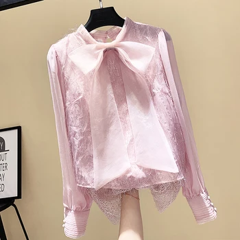 

Super Fairy Pink Tops for Women New Spring Summer All-match Bow Chiffon Blouses Hollow Out Elegant Long Sleeve Shirts