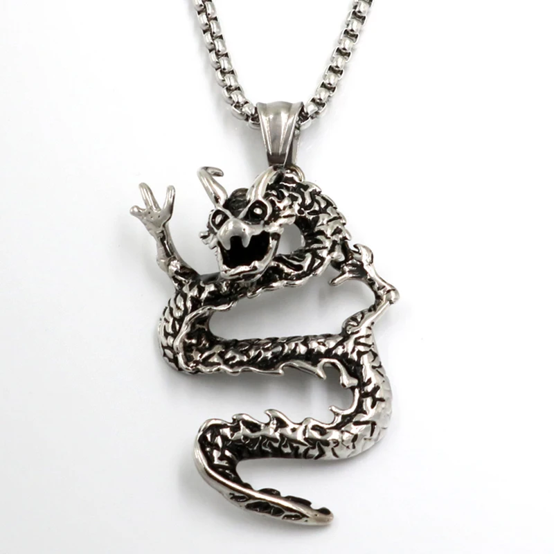 Men Retro Punk Dragon Pendant Necklace Fashion Silver Color Stainless