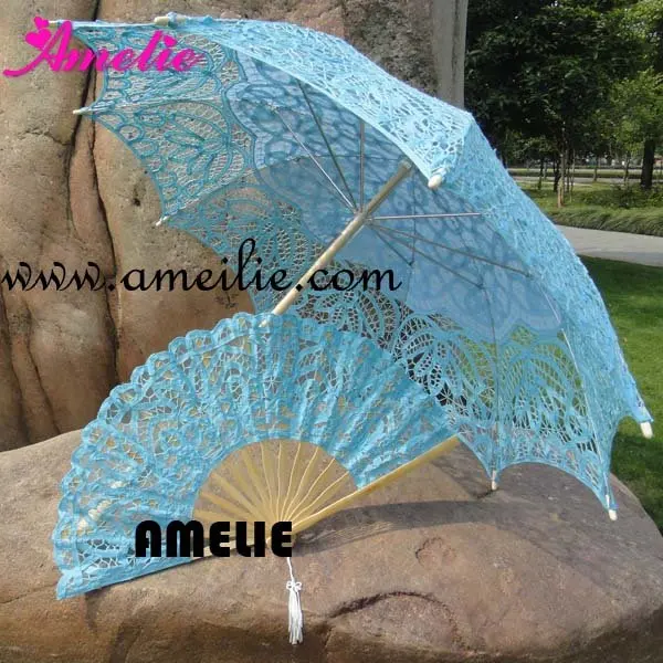 

Royal Vintage Battenberg Lace Parasol Sun Umbrella & Fan in Blue Handmade for Wedding,Free Shipping