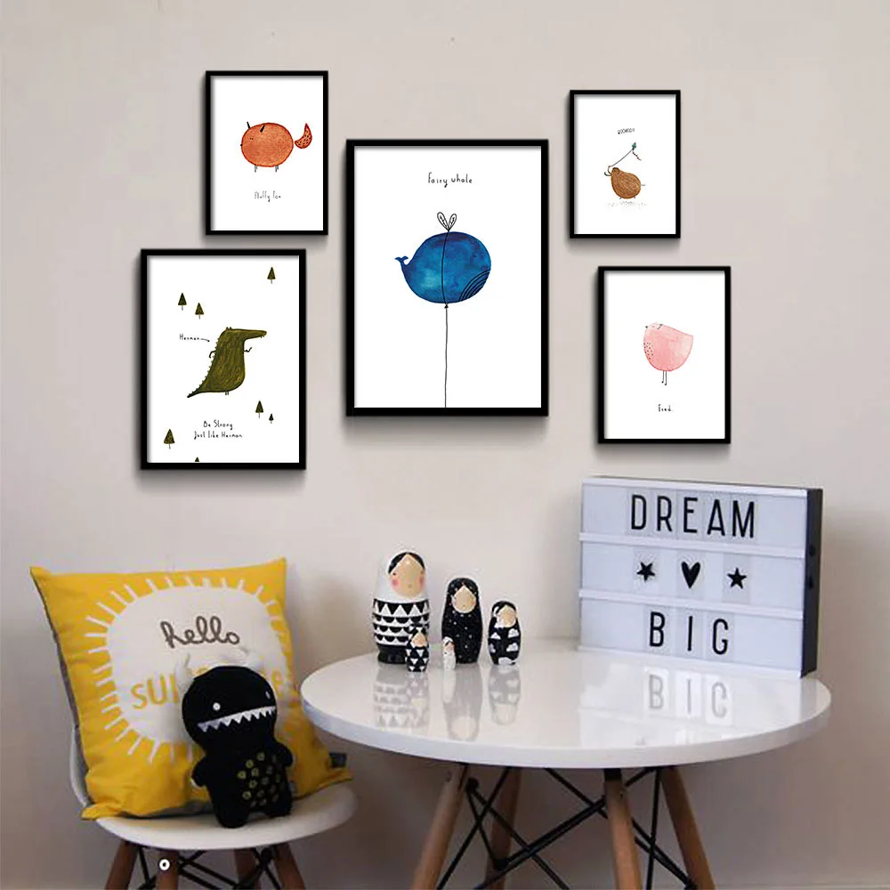 

NICOLESHENTING Cartoon Dinosaur Bird Minimalist Nordic Art Canvas Poster Painting Funny Modern Nursery Picture Kids Room Decor