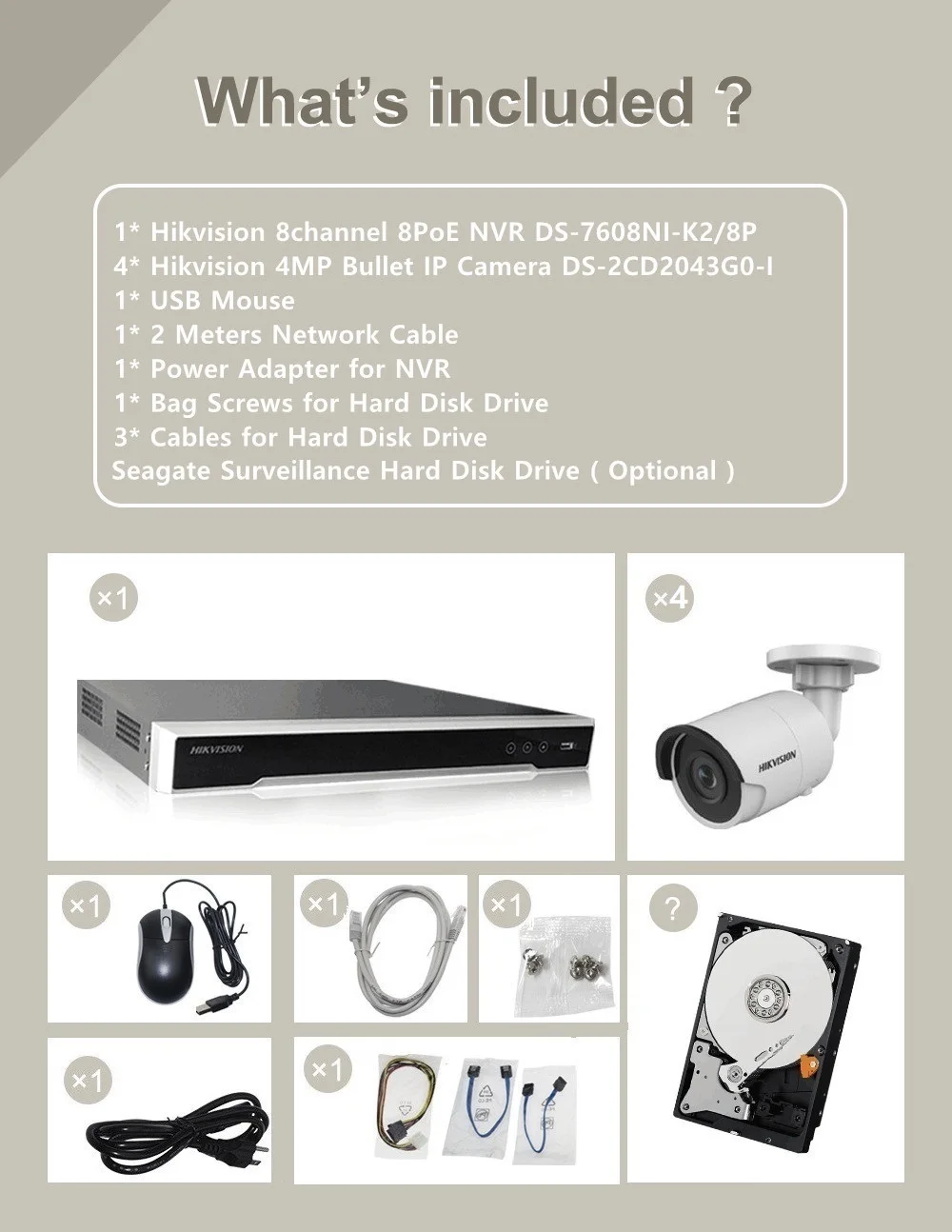 Hikvision NVR DS-7608NI-K2/8 P 8CH 8 POE+ 4 шт. Hikvision DS-2CD2043G0-I 4MP Высокая мощность WDR POE ИК IP пуля камера