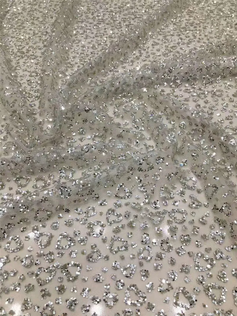 

Good looking popular JRB-191132 african sequins tulle mesh fabric shinning glued glitter sequins lace fabric in silver color