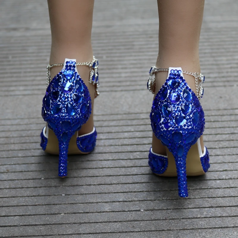 Кристалл Королева женщины синий кристалл горного хрусталя Свадебные туфли выпускного вечера обувь для ночного клуба вечерние свадебные сандалии высокий каблук