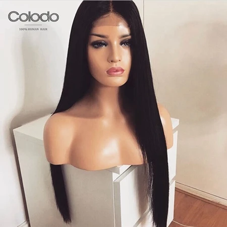 COLODO Straight Lace Front Wig With Baby Hair Blue Color Remy Brazilian Preplucked Full Lace Human Hair Wigs For Black Women - Hair Color: Natural Color