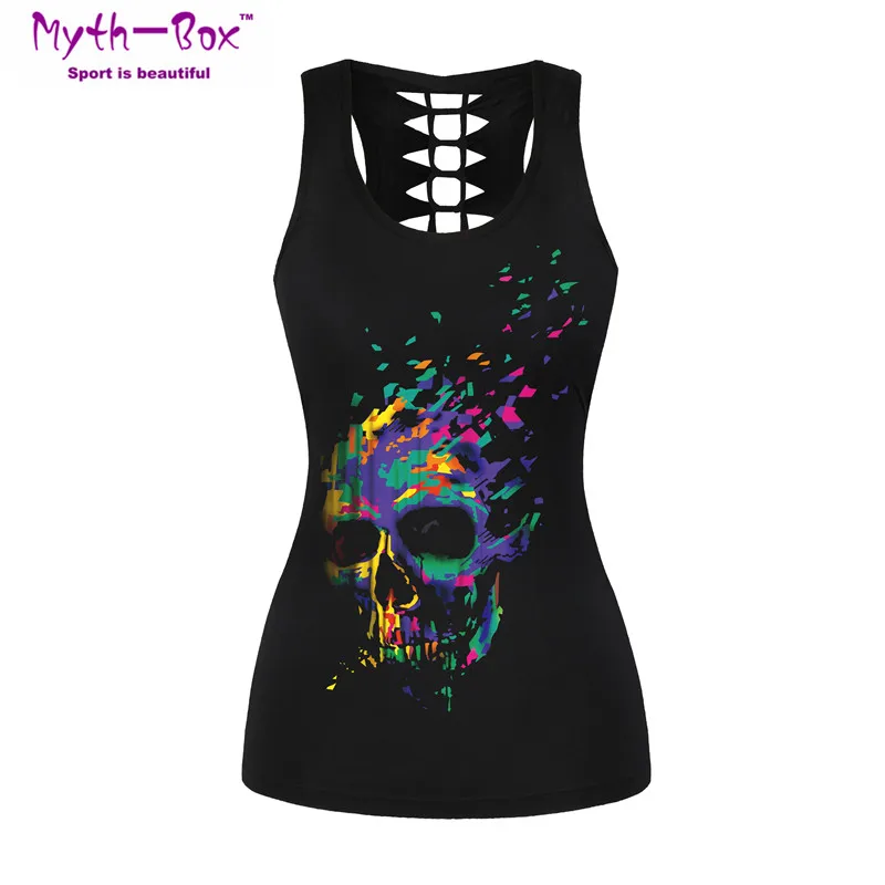 

Women Sport Vest Skull Print Female Yoga Shirts Quick Dry Tee Running Undershirt Fitness T-shirt Hollow Out Tank Tops Gym Blouse