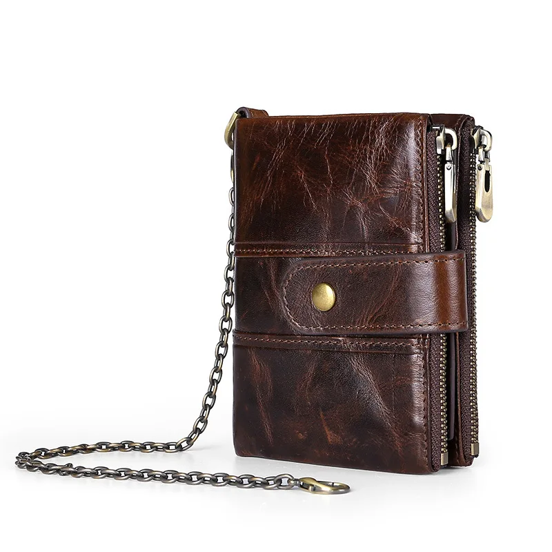 

100% Genuine Leather Wallet Men Retro Short Cowhide Purse with Coin Pocket Card Holder Designer Chain Wallet for Male