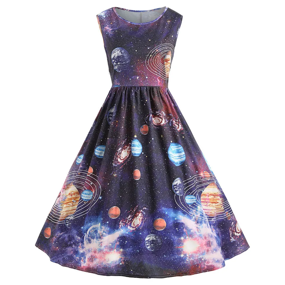 Feitong летнее платье женское с рукавами женское Винтажное с принтом звездное небо планета платье с рисунком космоса сексуальное платье# w30