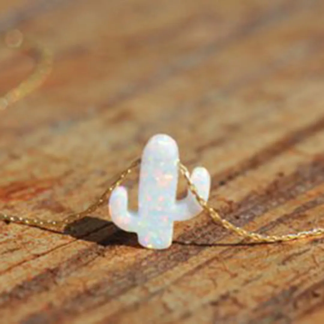 Natural Opal Stone Cactus Necklaces & Pendants Women Natural Plant Jewelry Silver Gold Chain Choker Necklace Birthday Gifts