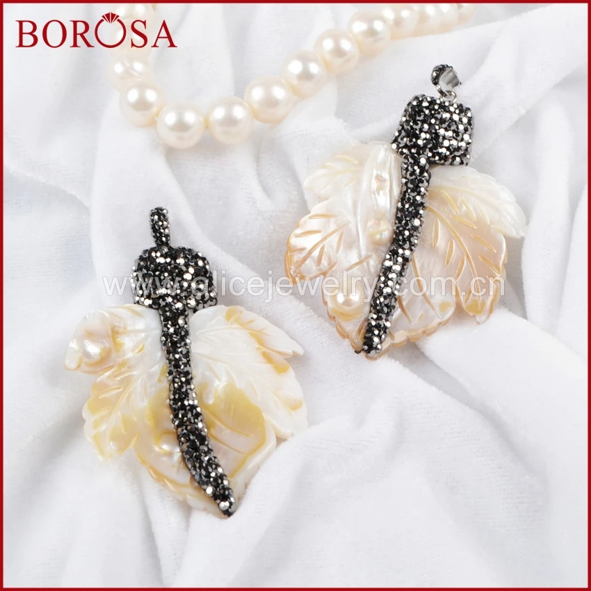

BOROSA 5PCS Druzy Jewelry Natural Shell Carved Leaf Pendant Bead Rhinestone Paved Zircon Shell Pendant for Necklace JAB184