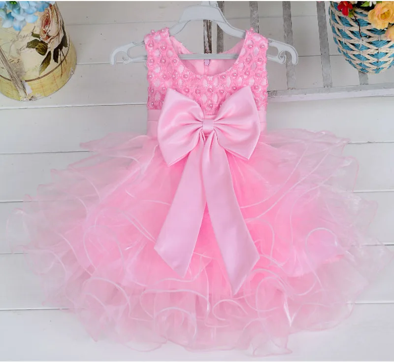 Изысканные платья для дня рождения для маленьких девочек от 0 до 2 лет, Украшенные бусинами и бантом детское платье из тюля для крещения, фиолетового, красного, белого цвета, костюм на крестины - Цвет: Pink