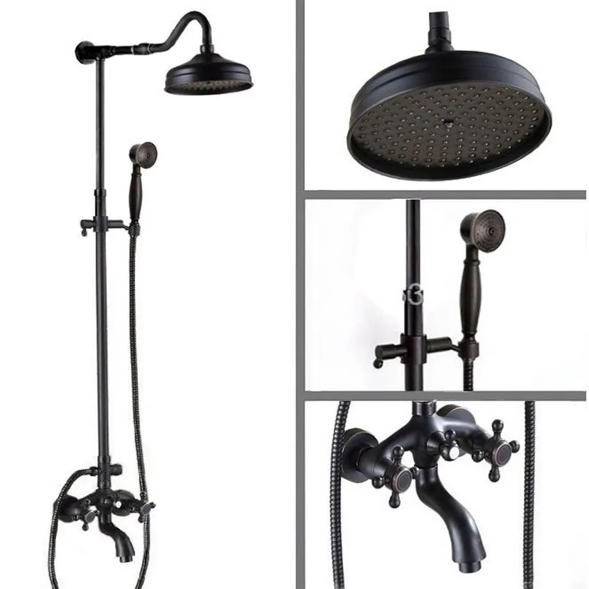 Two Cross Handles Luxury Bathroom Rain Shower Faucet Set Black Oil Rubbed Bronze Bath Tub Tap Handheld Shower Head ars754