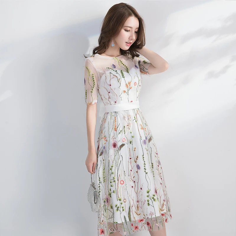 White Evening Dresses Long 2018 Elegant O-neck Half Sleeves Tea-Length Flower Lace Formal Dress Plus Size