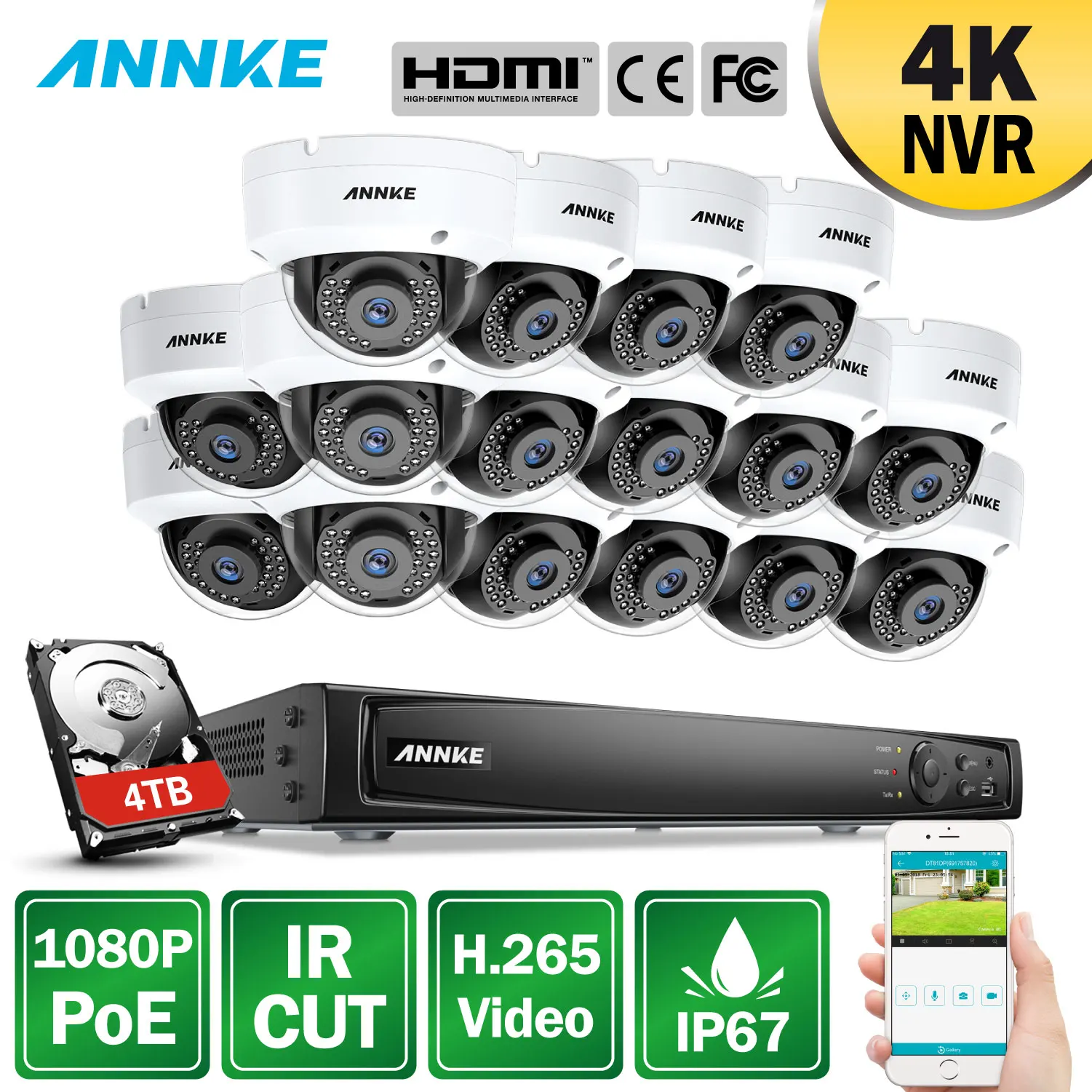 

ANNKE Professional 1080P POE Security Camera System 4K 16CH Security NVR With 16pcs 1080P CCTV Dome Cameras
