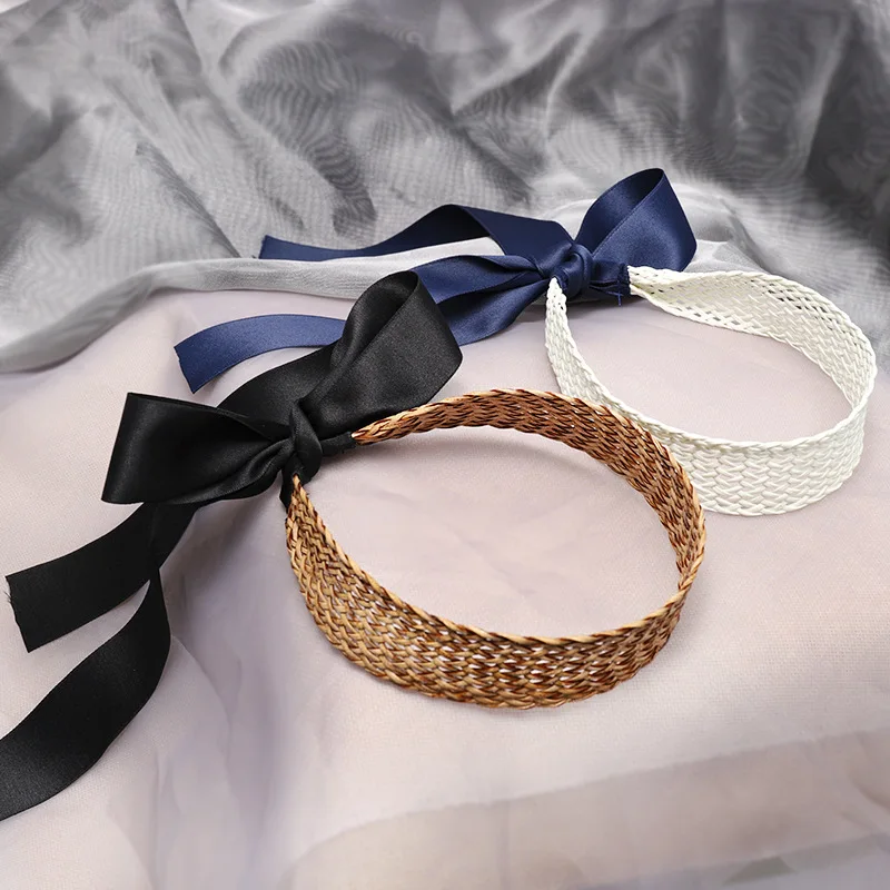 

2019 Women Handmade Braided Straw Rattan Hairbands Long Tassel Ribbon Hair Bands Headbands for Women Hair Accessories Hot Sale