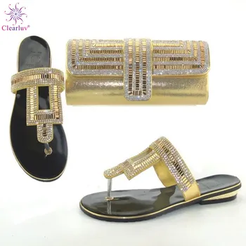 

Clearluv New Arrival Rhinestone Ladies Shoes And Bag Set Italian Style low Heels Shoes And Bag Set For Party Free Shipping
