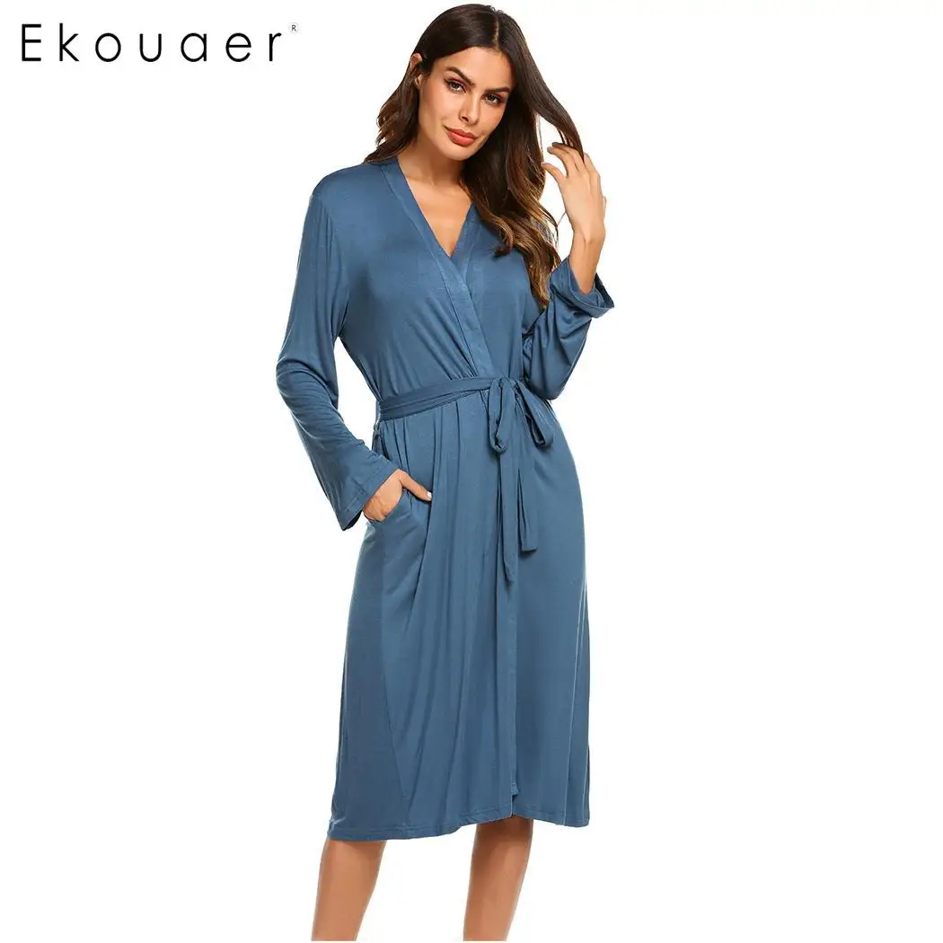 Ekouaer Women Sleep Robes Nighties Long Sleeve Solid Kimono Robe ...