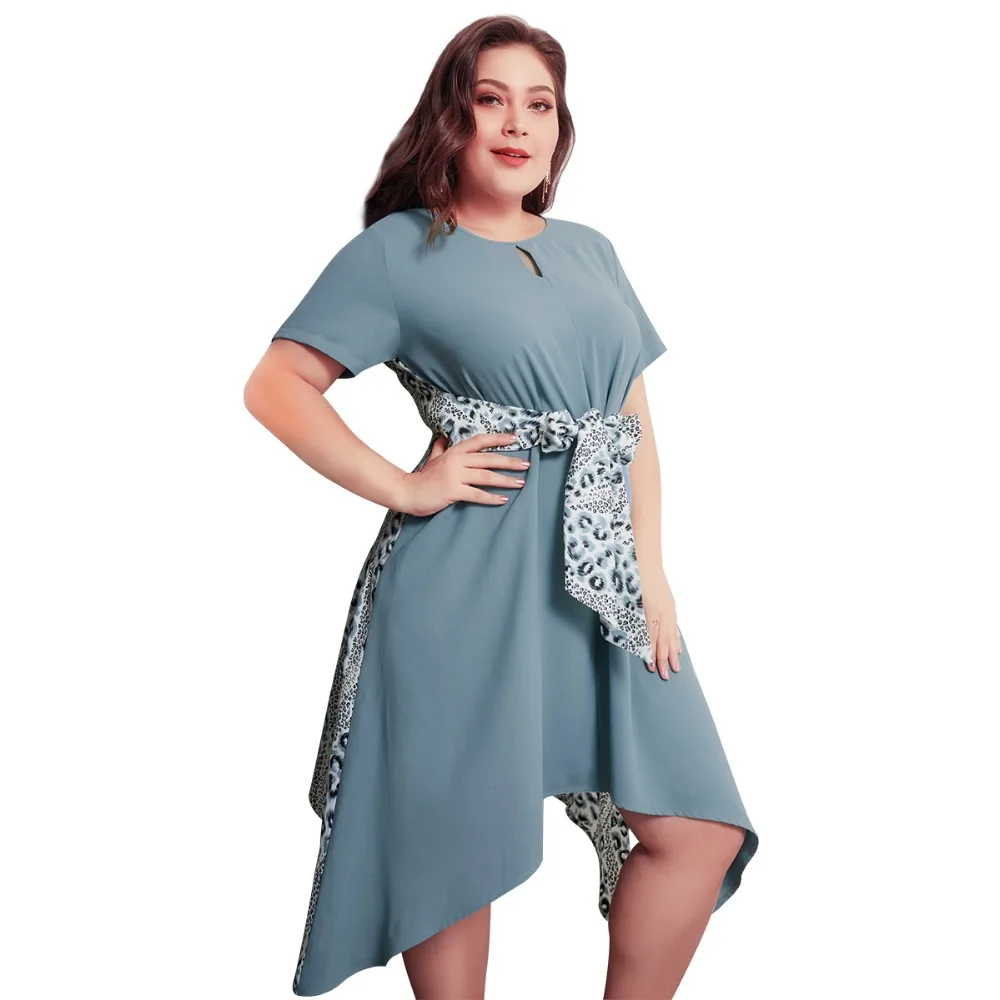 Large Size Women Dress Round Collar Received Waist Chiffon Dress Leopard Printed Big Swing Dress Blue Plus Size Dresses For Wome