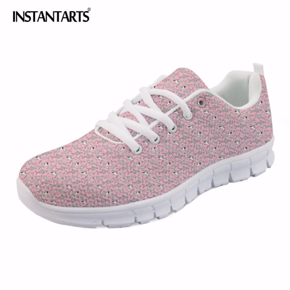 

INSTANTARTS Pink Cartoon Shark Print Women Lace Up Flat Shoes Fashion Summer Air Mesh Shoes Breathable Sneakers for Woman Lady