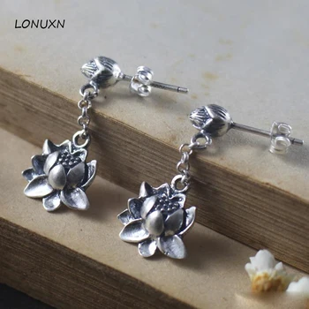 

a pairs new design Long Big Lotus flowers tassel girls Retro 925 Sterling Silver 100% Handmade Jewelry Women Statement Earrings