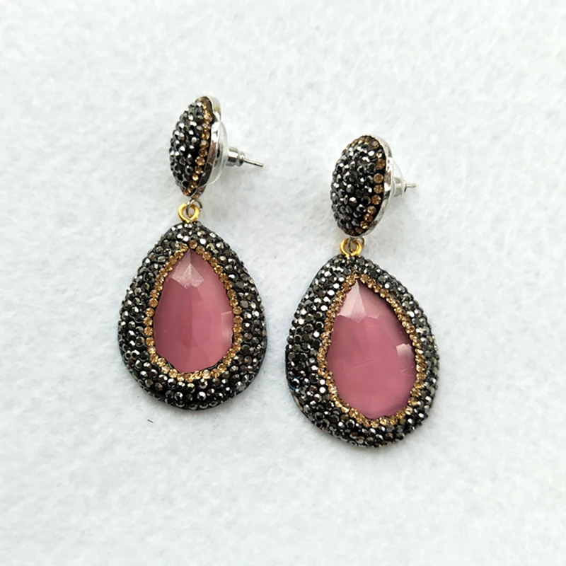 

1 Pair natural druzy druse pink Stone dangle Earrings,handmade Drop Opal Earrings Pave Crystal Rhinestone Charm Jewelry ER26