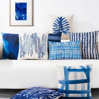 

Nordic style cushion office sofa cushion car fabric pillow case cover Mediterranean blue simple geometric plant cushion cover