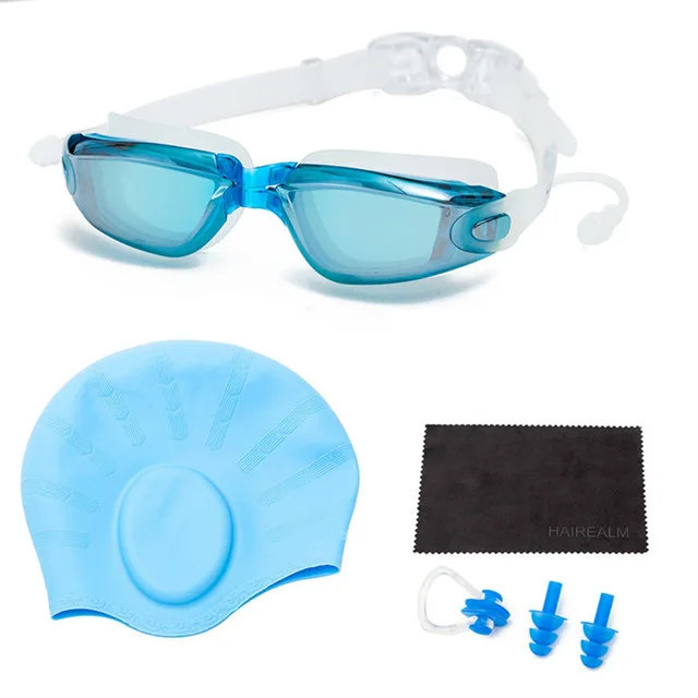 Плавательные очки+ шапочка для плавания+ зажим для носа и беруши+ Сухая ткань, близорукость Анти-туман для взрослых диоптрий по рецепту очки для плавания