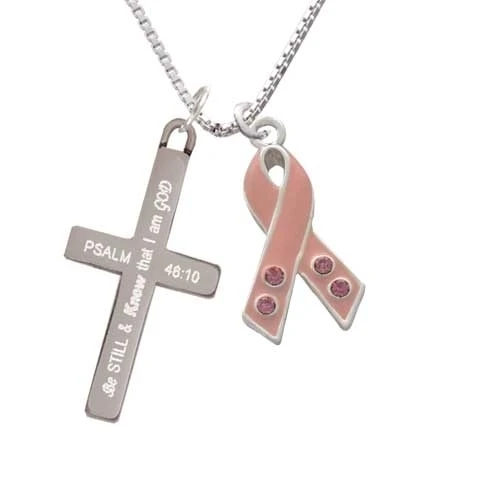 Large Pink Ribbon with Crystals - Be Still and Know - Cross Necklace (1)